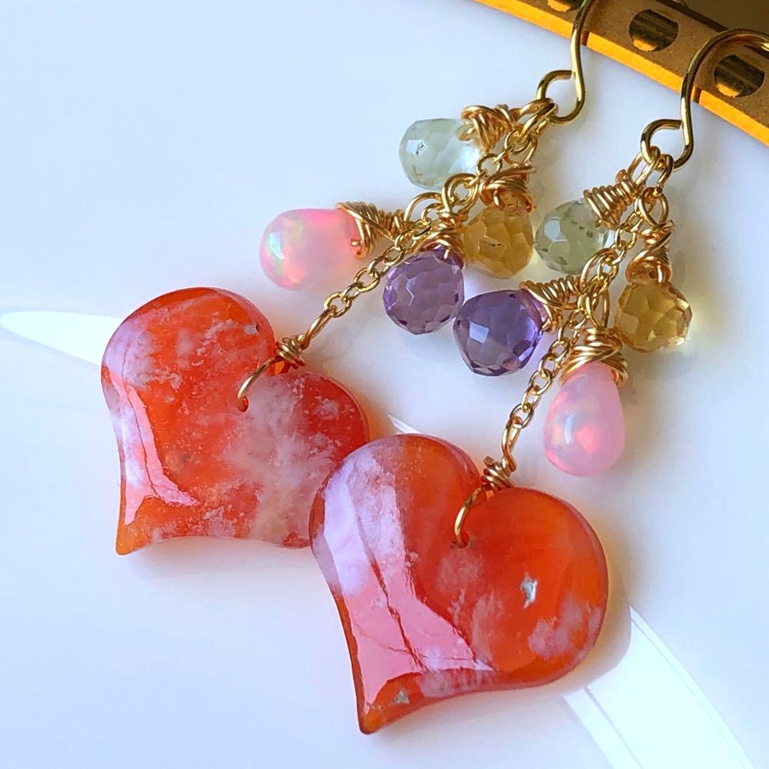 天然石♡ウォータープルーム×カーネリアンハートカービングのピアス14kgf