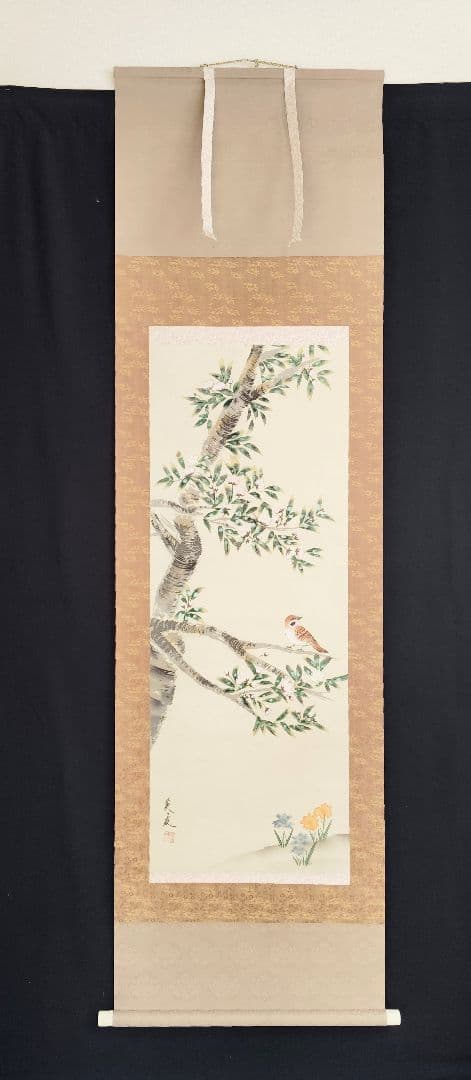 掛軸　英友　桜花雀之図