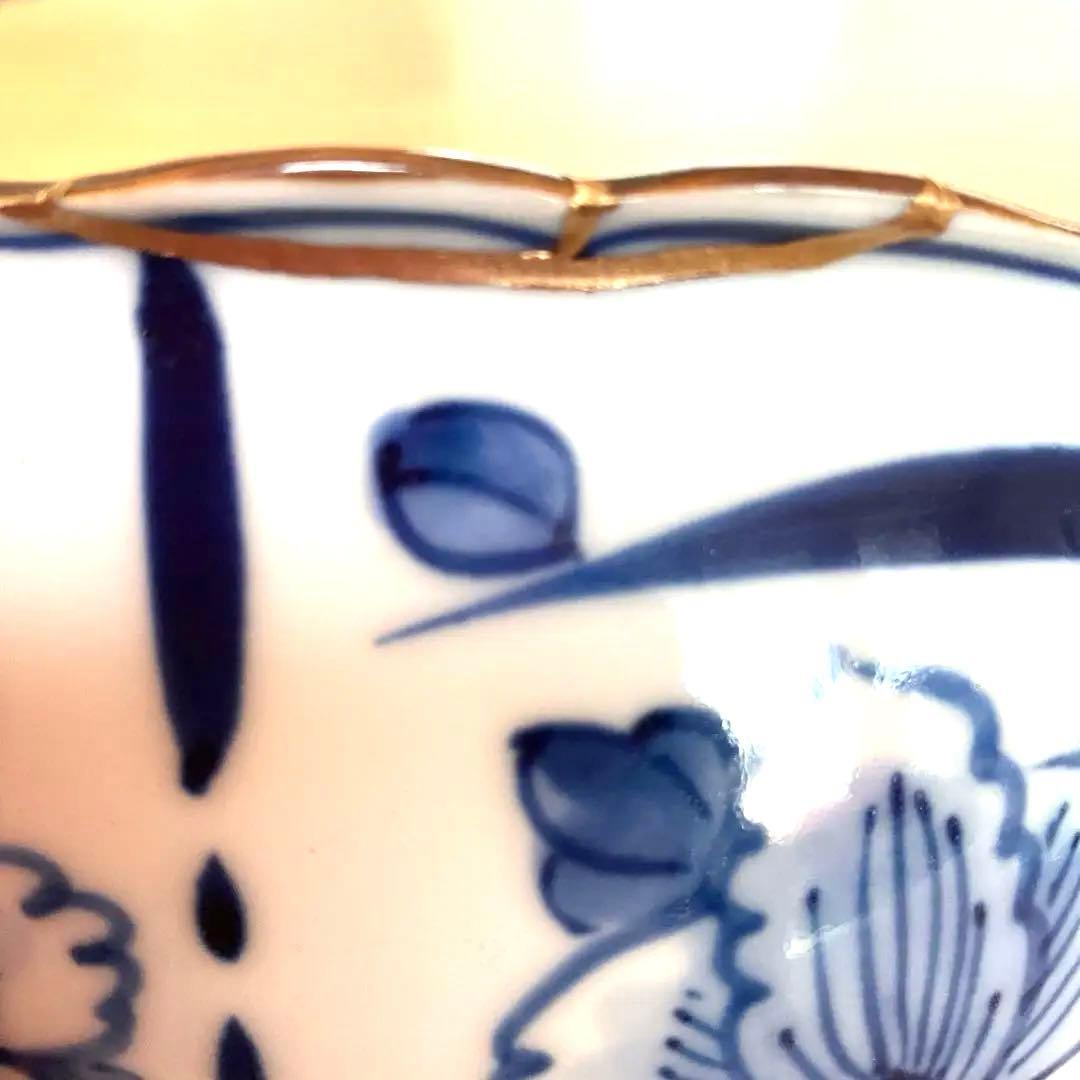 【金継ぎ】清水焼 竹峰窯　手描き染付輪花捻草花 深鉢