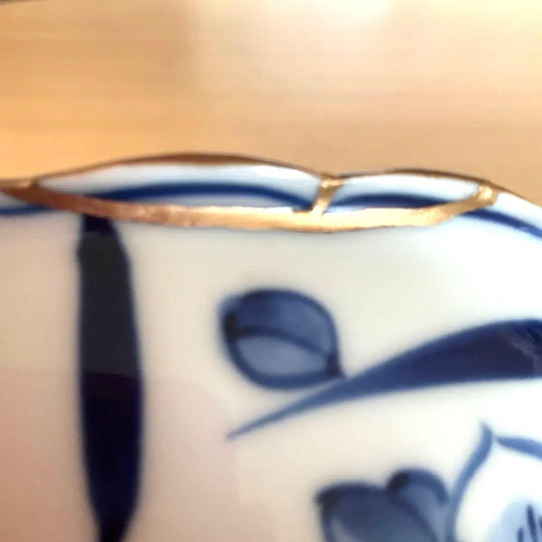 【金継ぎ】清水焼 竹峰窯　手描き染付輪花捻草花 深鉢