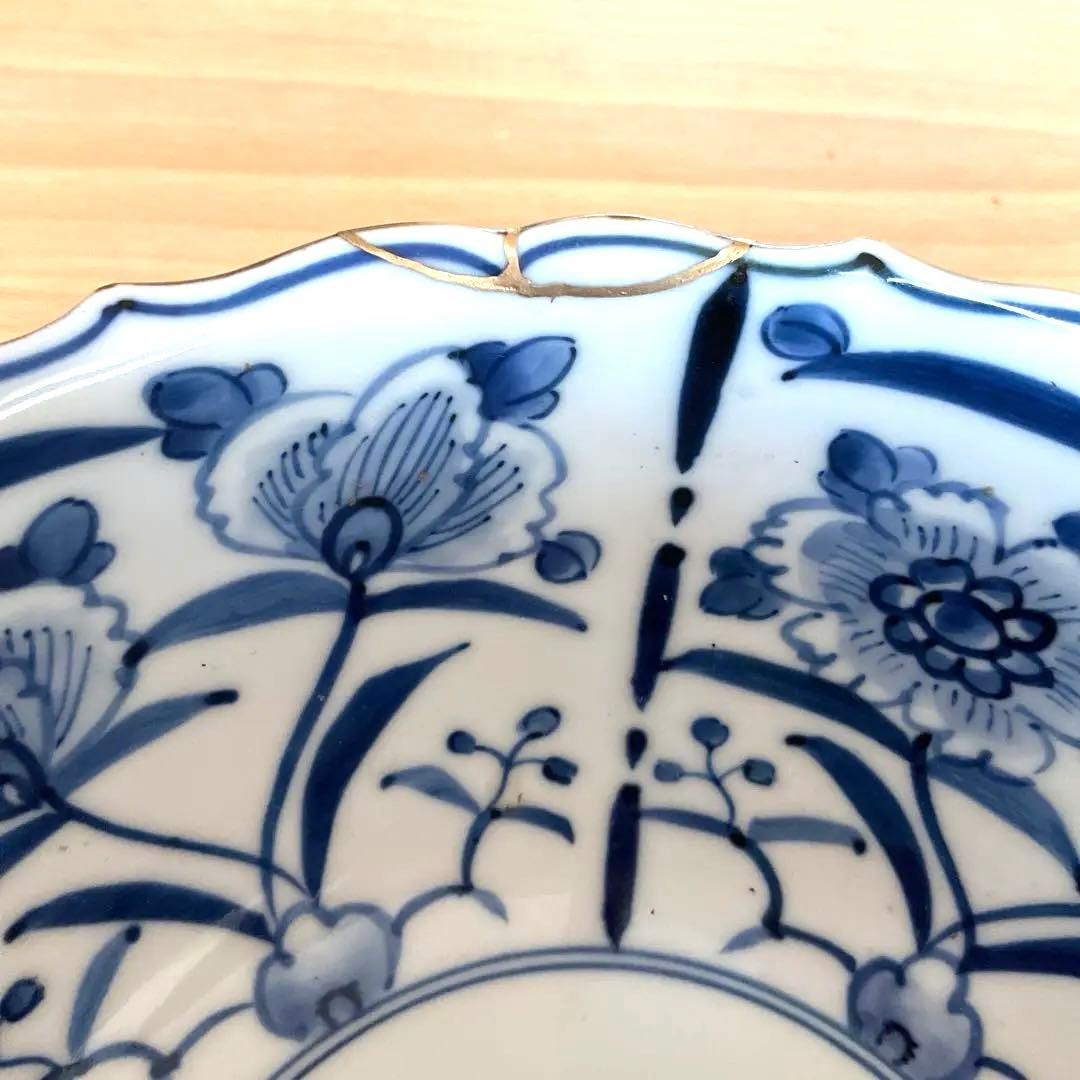 【金継ぎ】清水焼 竹峰窯　手描き染付輪花捻草花 深鉢