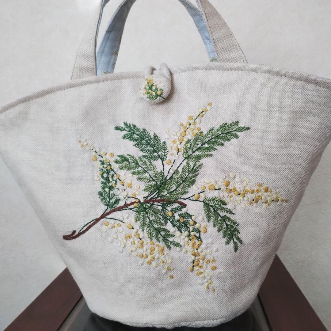 ハンドメイド 刺繍 ミモザのバック