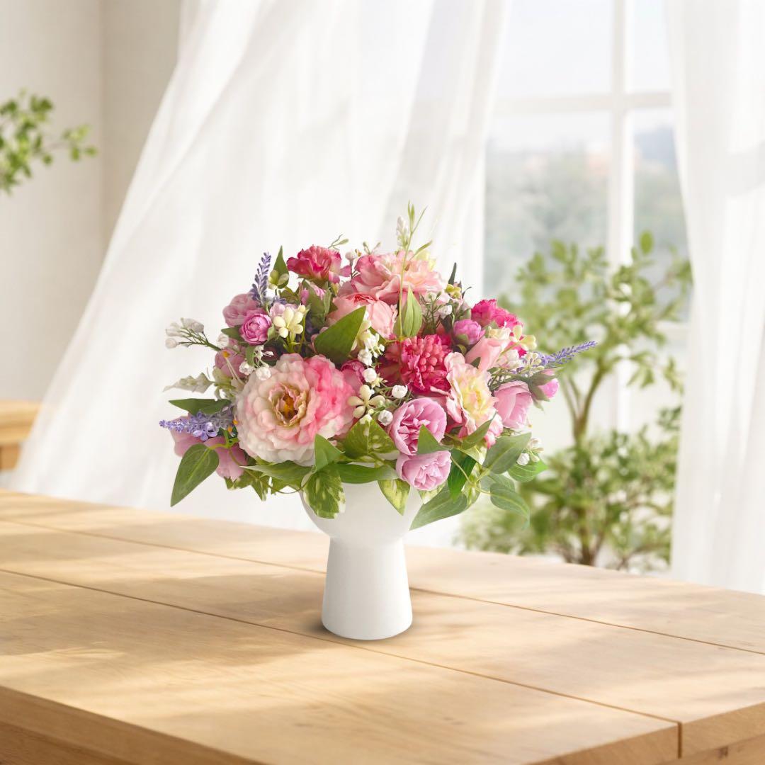【光触媒フラワー】ローズとピオニーの陶器アレンジ｜上品なピンクの枯れない花