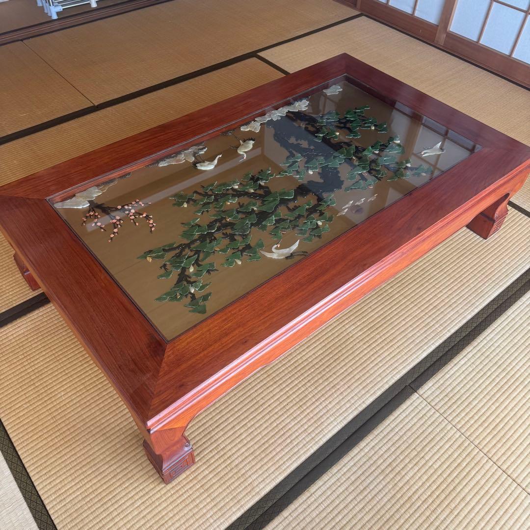 【希少品】骨董 アンティーク 松鶴ガラストップ座卓