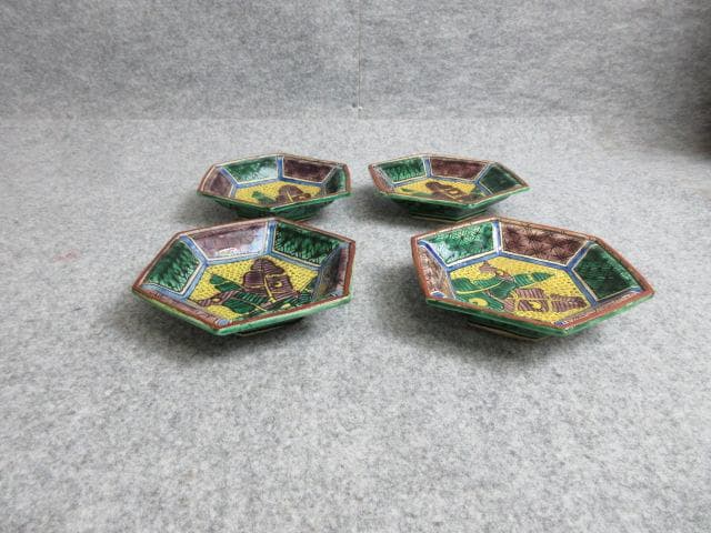 九谷焼青手芭蕉図角福印六角手塩皿4枚 [B28959]