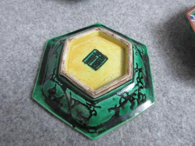 九谷焼青手芭蕉図角福印六角手塩皿4枚 [B28959]