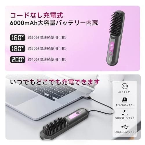 POLENTAT ヒートブラシ コードレス 2億級マイナスイオン 大容量60MM