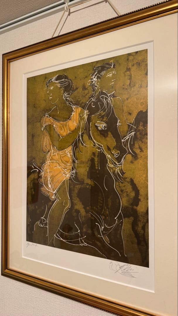 リトグラフ 人物と馬 金色のフレーム付き