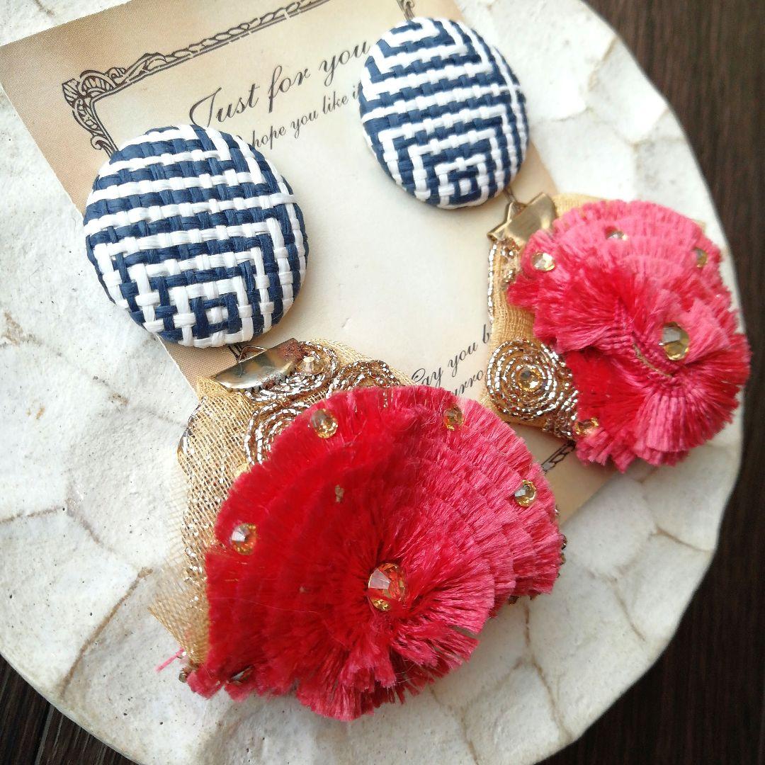 ラタン　ネイビー　ボタン　ピアス　イヤリング　リボン　ヴィンテージ　大ぶり　花