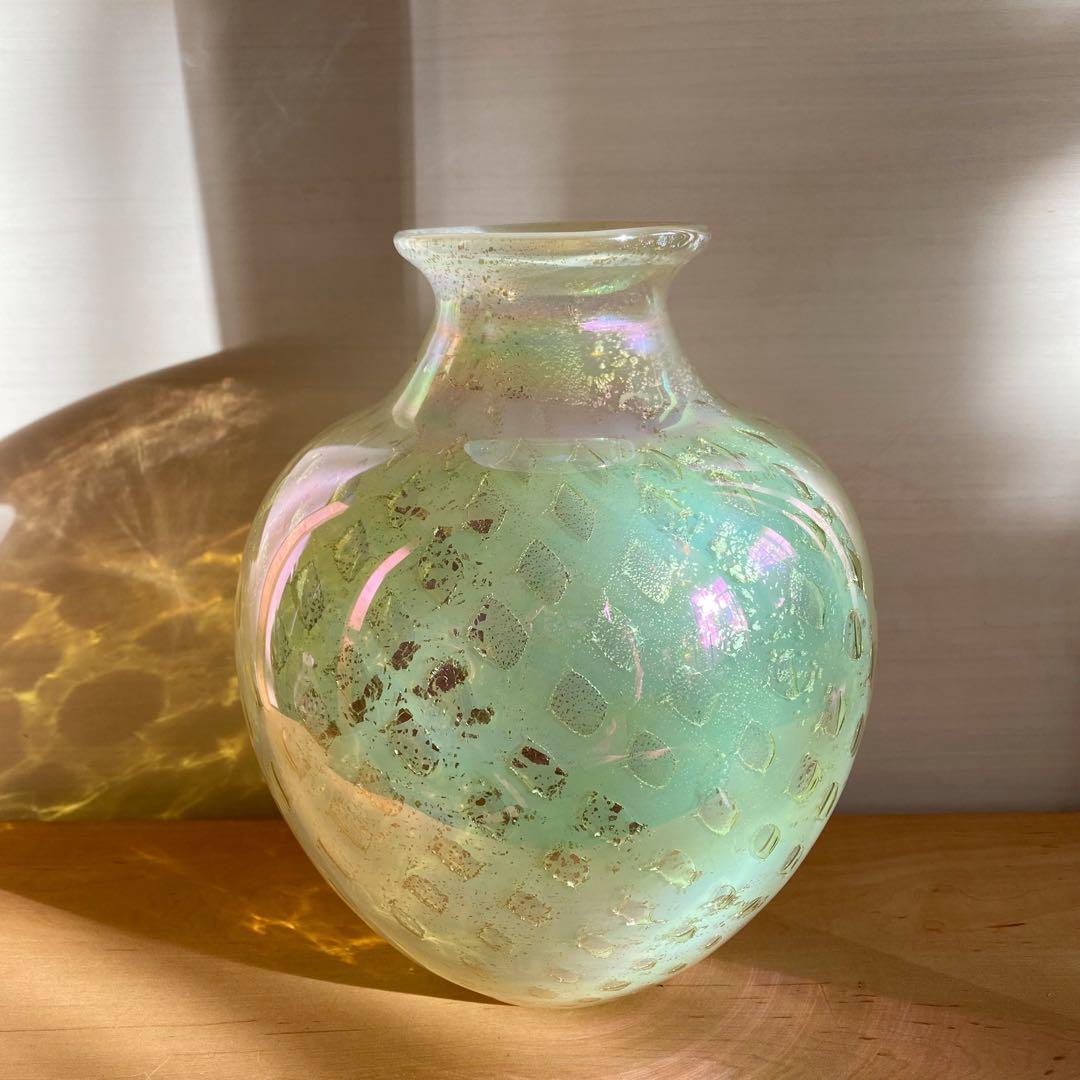 ライムイエローパールガラス ヴィンテージ 金箔フラワーベース 花瓶