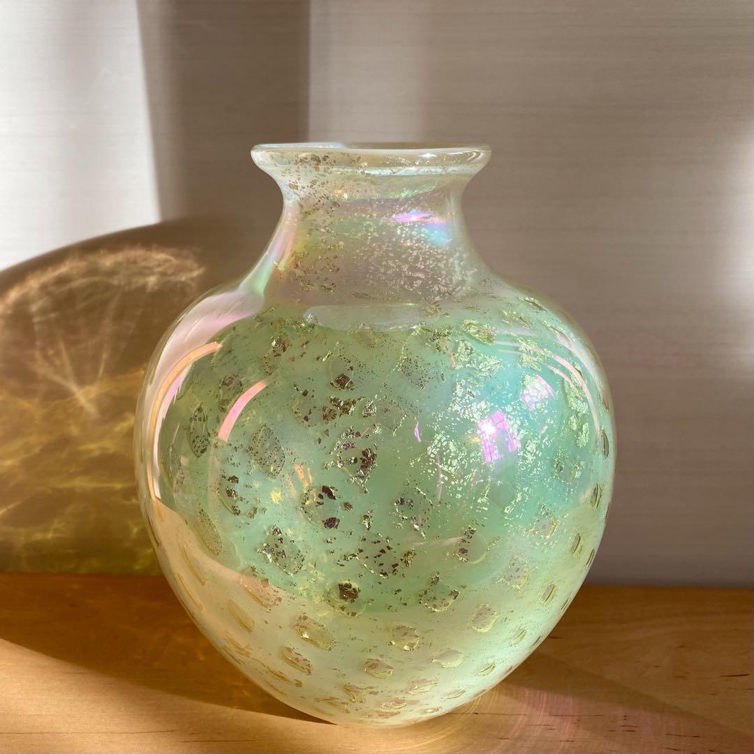 ライムイエローパールガラス ヴィンテージ 金箔フラワーベース 花瓶