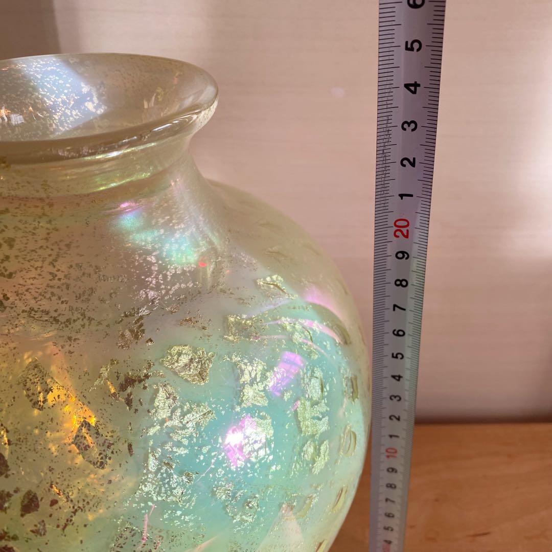 ライムイエローパールガラス ヴィンテージ 金箔フラワーベース 花瓶