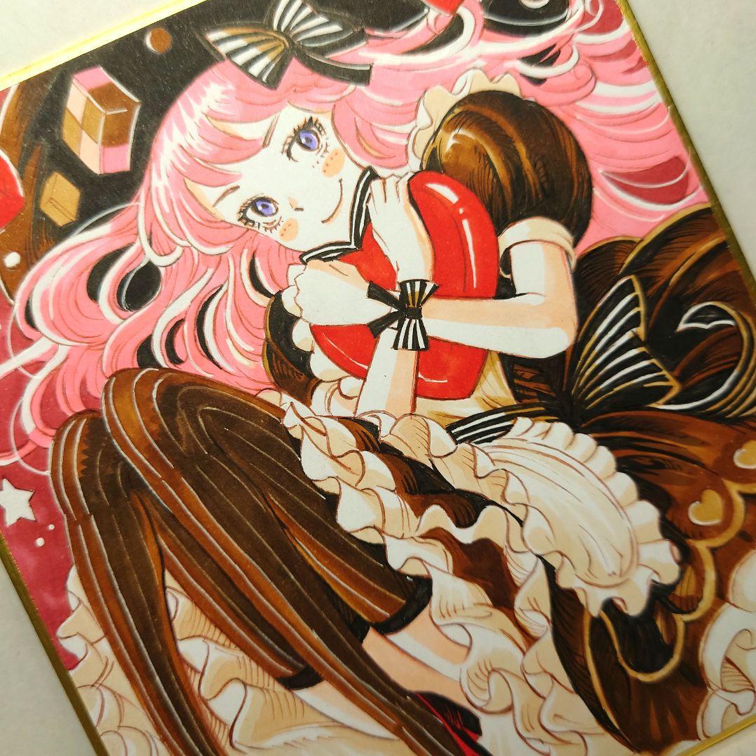 【手描きイラスト 054】オリジナル原画色紙 コピック「苺チョコレートの女の子」