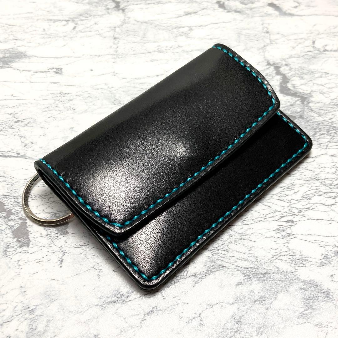 本革 総手縫い 栃木レザー ミニ財布 黒 ターコイズ カードケース キーケース