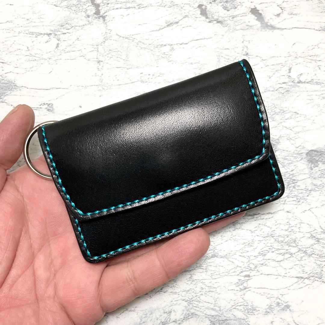 本革 総手縫い 栃木レザー ミニ財布 黒 ターコイズ カードケース キーケース