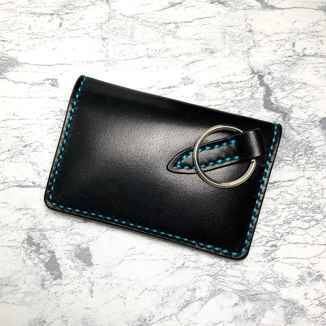 本革 総手縫い 栃木レザー ミニ財布 黒 ターコイズ カードケース キーケース