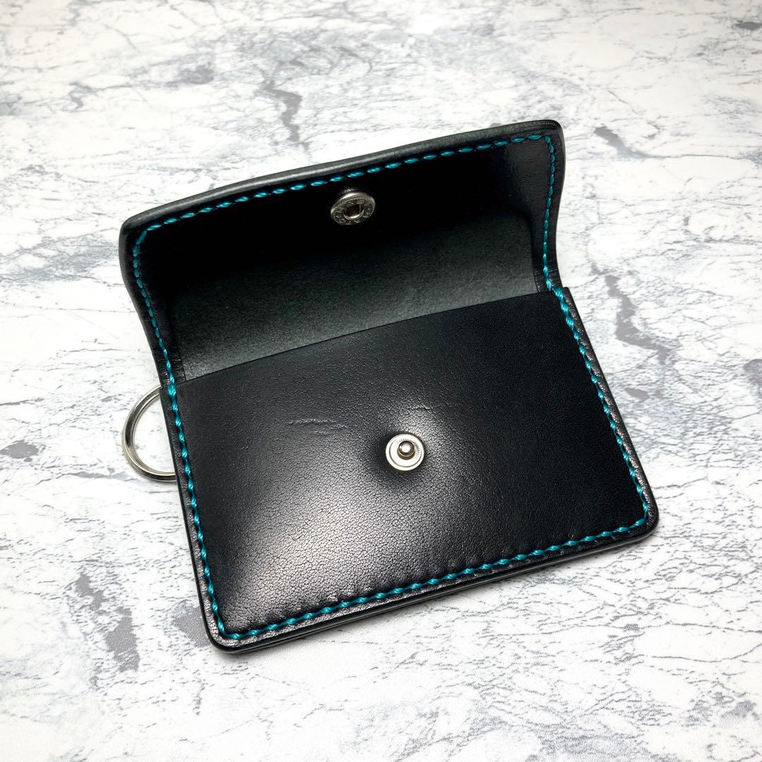 本革 総手縫い 栃木レザー ミニ財布 黒 ターコイズ カードケース キーケース