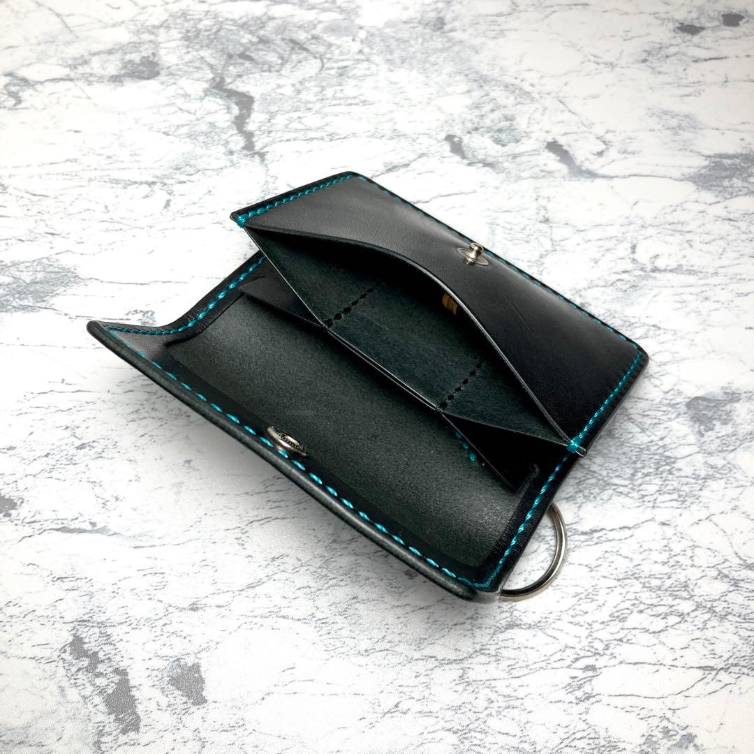 本革 総手縫い 栃木レザー ミニ財布 黒 ターコイズ カードケース キーケース