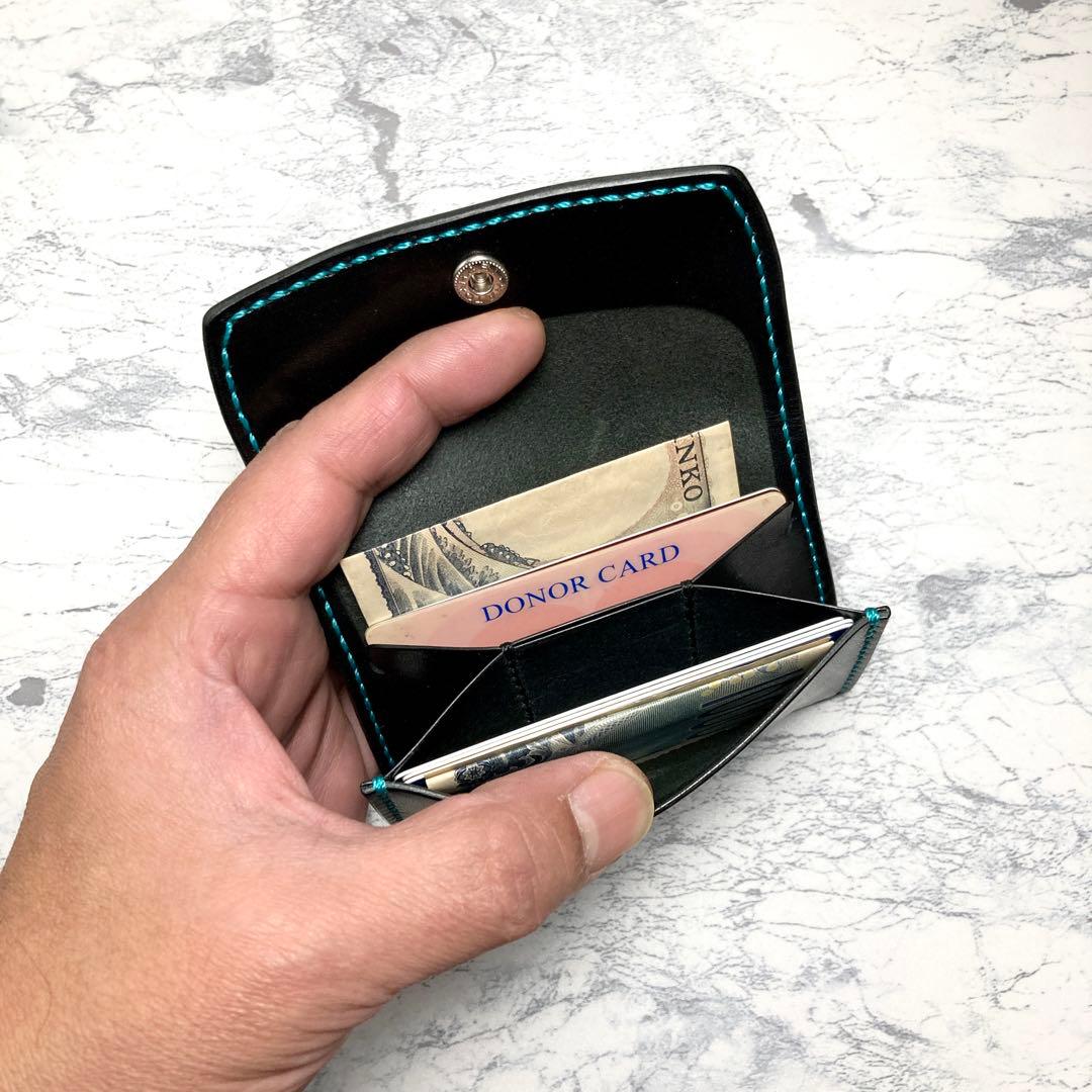 本革 総手縫い 栃木レザー ミニ財布 黒 ターコイズ カードケース キーケース