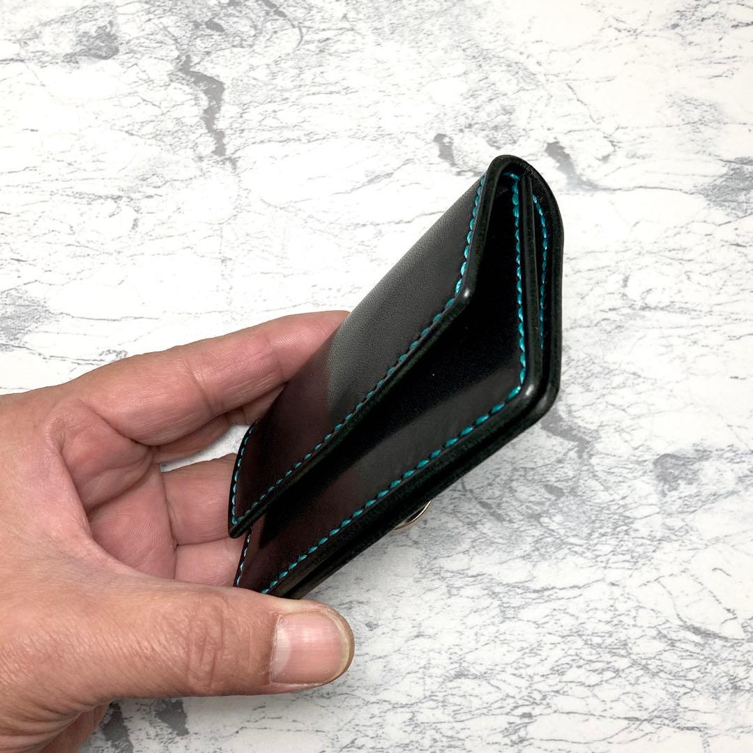 本革 総手縫い 栃木レザー ミニ財布 黒 ターコイズ カードケース キーケース