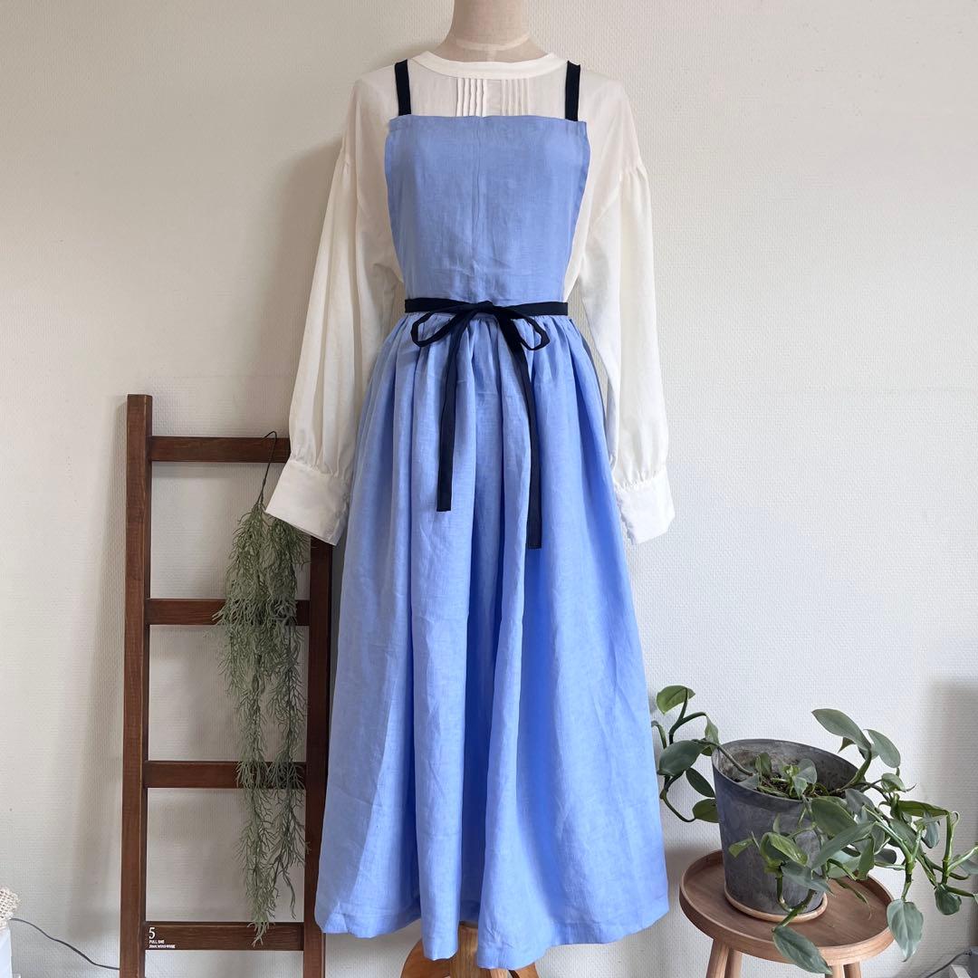 エプロン　リベコリネン100% スカイブルー×ネイビー　ギャザーエプロン