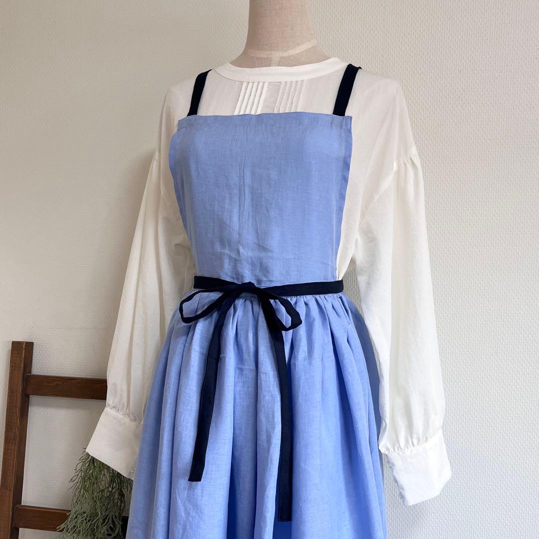 エプロン　リベコリネン100% スカイブルー×ネイビー　ギャザーエプロン