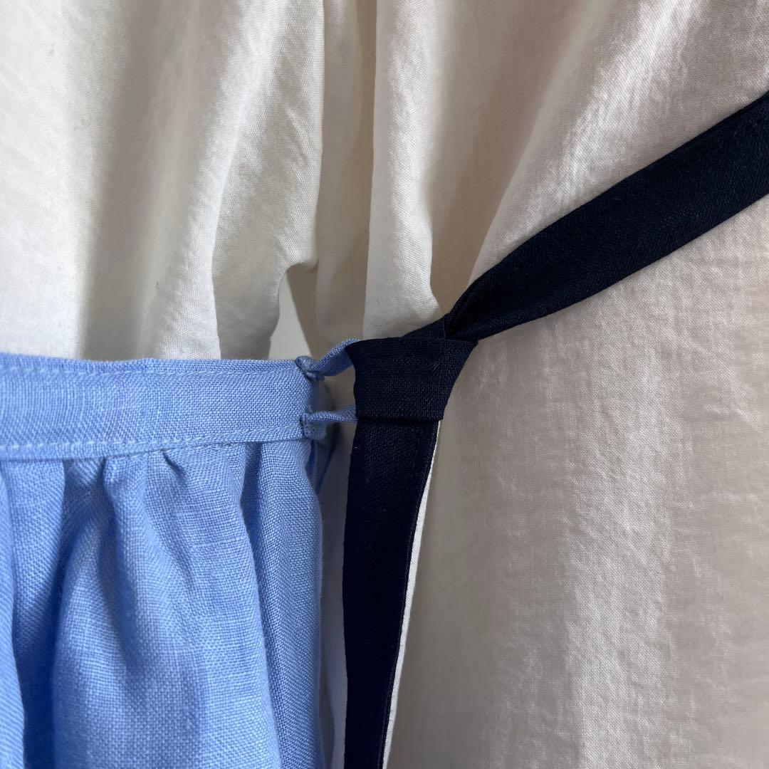 エプロン　リベコリネン100% スカイブルー×ネイビー　ギャザーエプロン