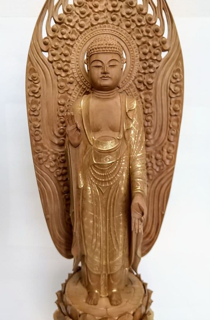 阿弥陀如来立像 6寸#451 舟型来迎雲文光背◆白檀 木彫 仏像