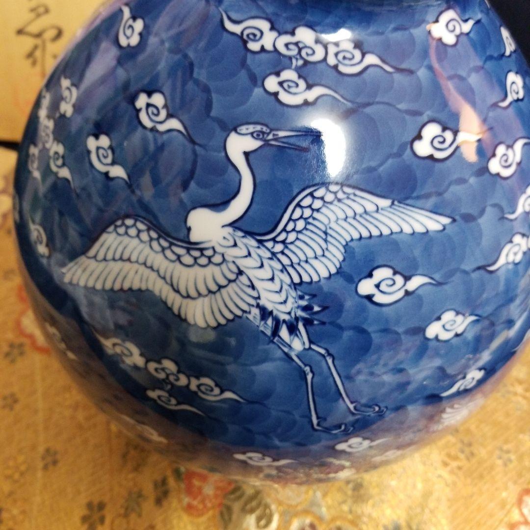 【未使用】　◆ 源右衛門窯 ◆ 　　　　　　　　　染付雲鶴　壺花瓶　元箱入