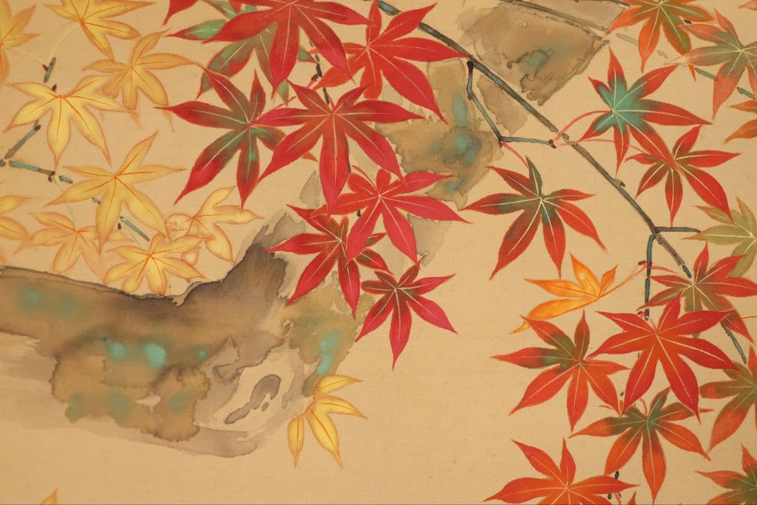 【模写】日本画 在銘 霞芳 紅葉 紅葉と鳥 絹本 掛軸 彩色 MB318