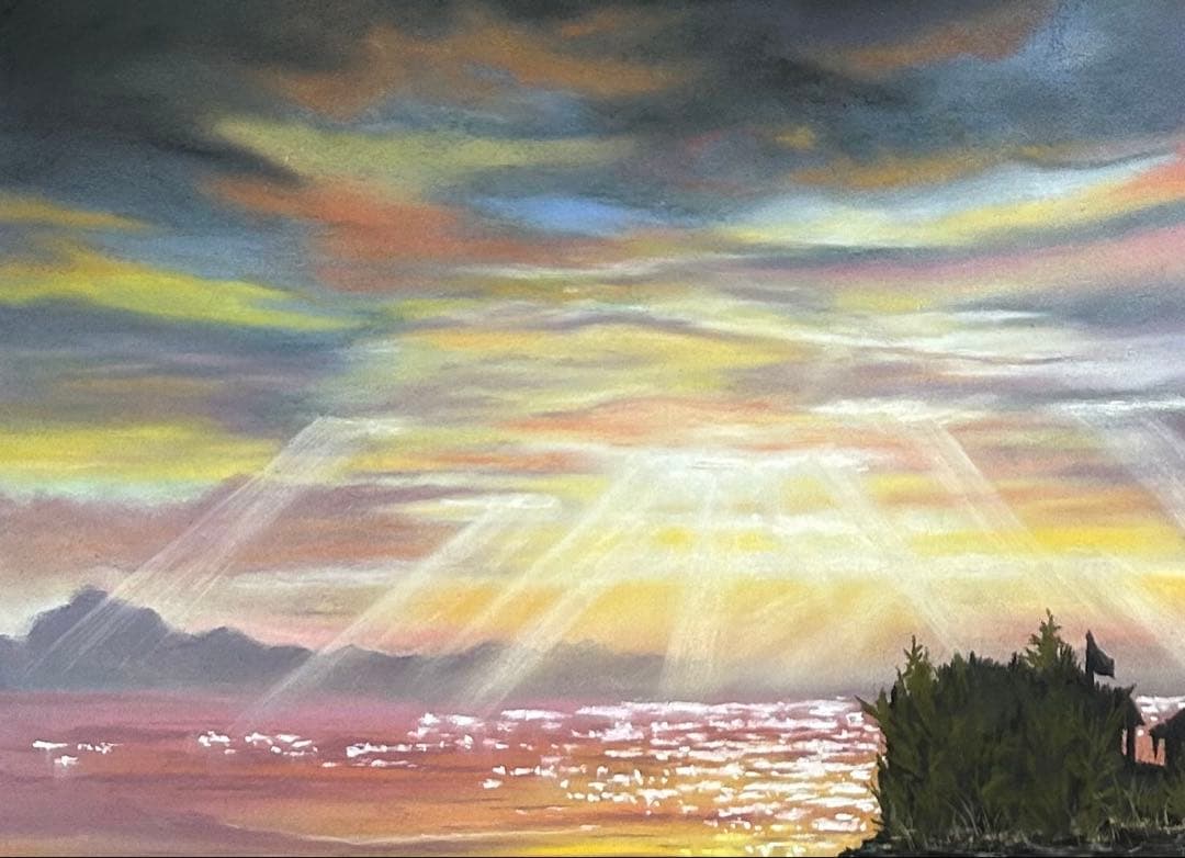 夕陽を眺める景色 パステル画 原画 54.0×39.5