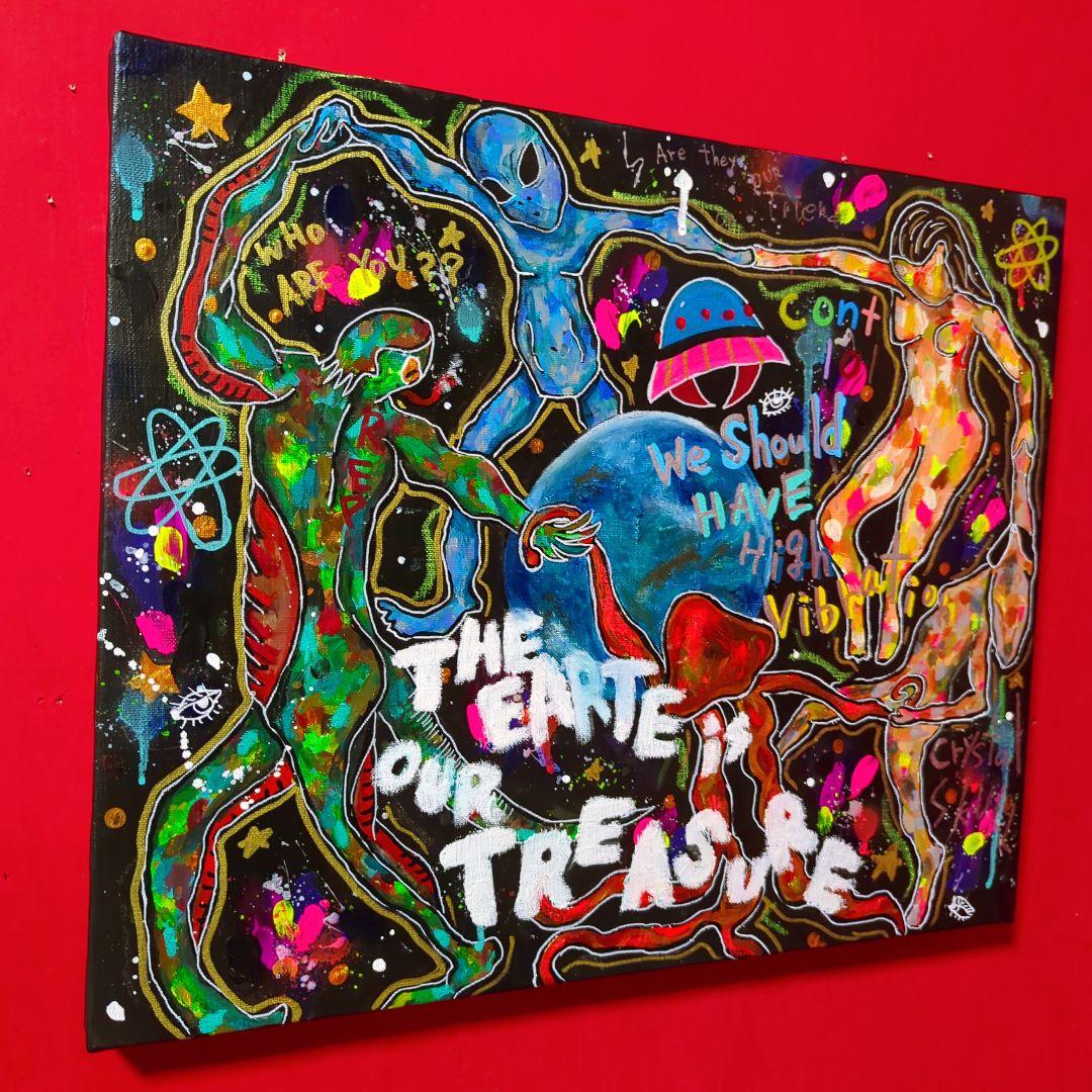 【一点物現代アート】宇宙人たちの絵【F8号】