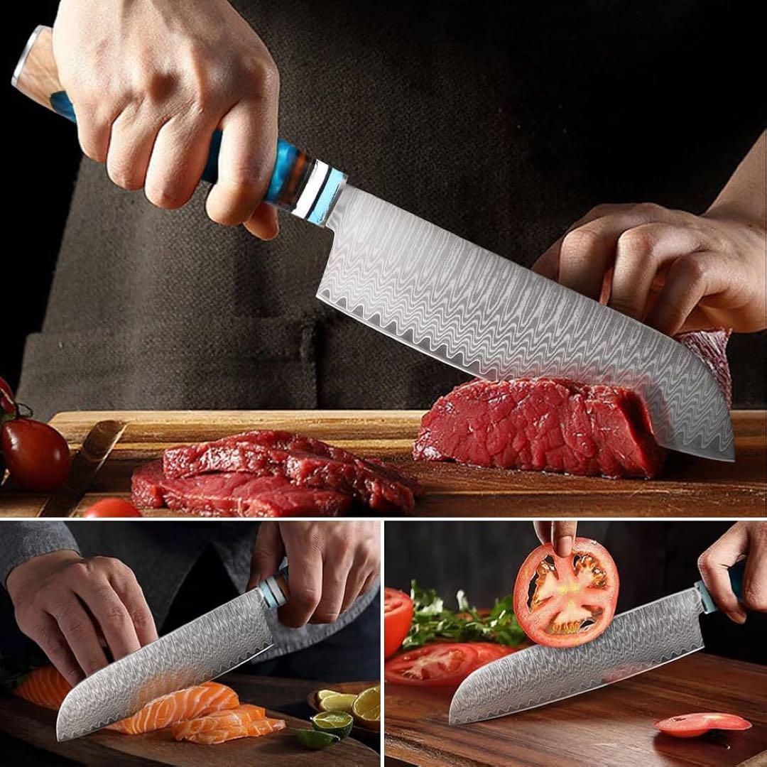 三徳包丁 ダマスカス包丁 刃渡り175mm, キッチン用 ブルー樹脂木製ハンドル
