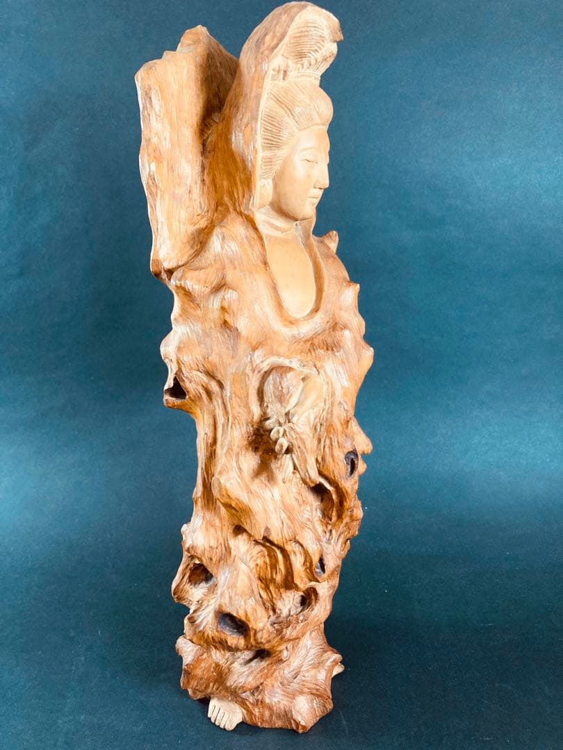 【天然木根】一刀彫　木彫り　観音菩薩　仏像　彫刻　骨董品