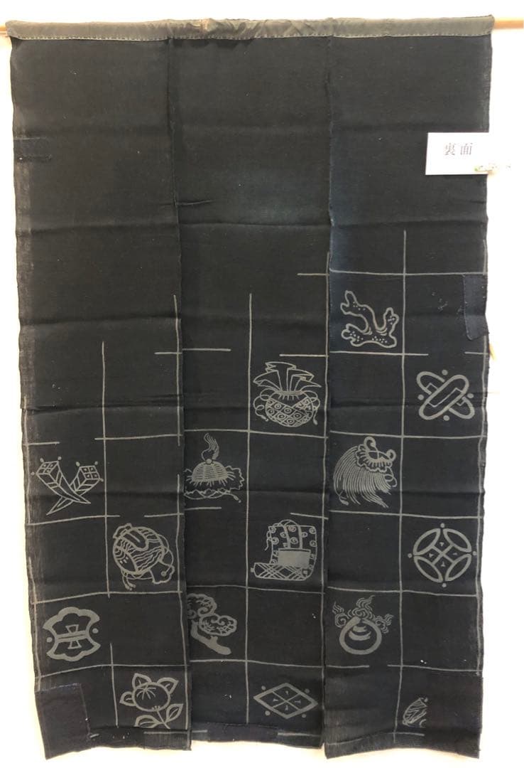 藍染筒描き三巾加賀のれん時代物木綿古布　ソ-217