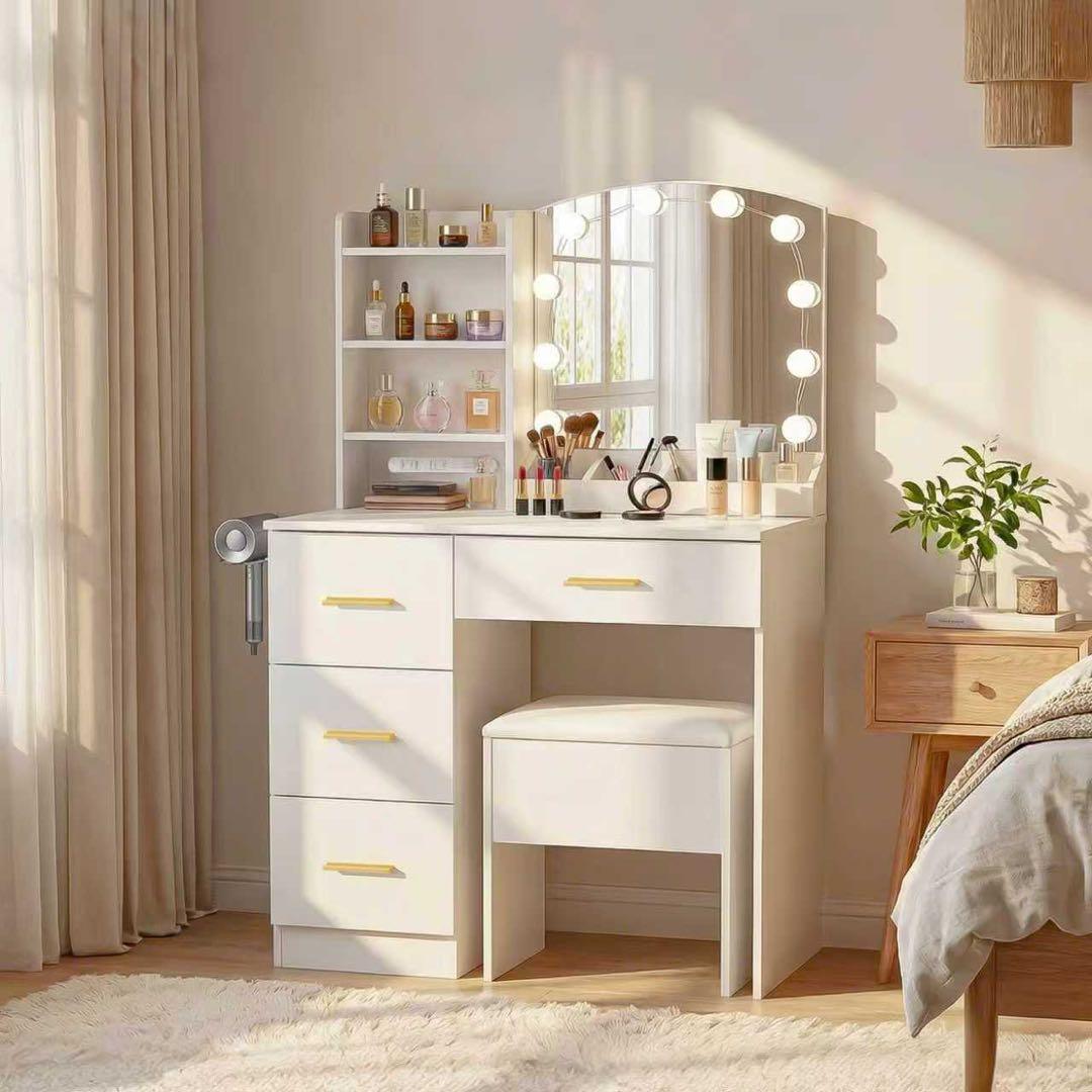 【新品】3色調光ライト付きドレッサー コンセント・ドライヤーホルダー搭載