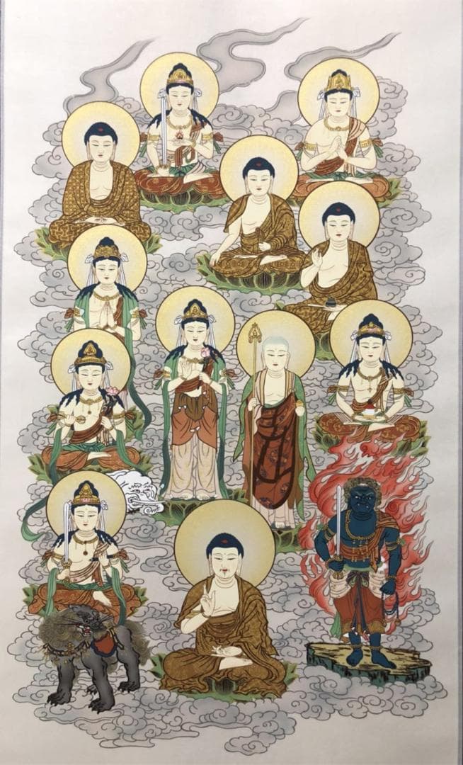 【未使用品】掛軸 無落款『十三佛』日本画 仏画 絹本 箱付 掛け軸 L01412