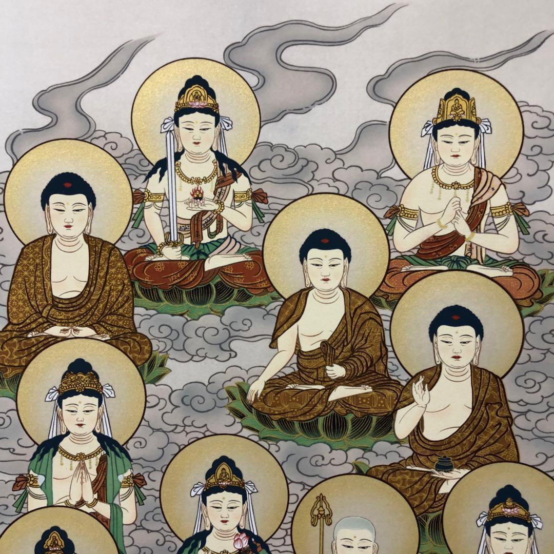 【未使用品】掛軸 無落款『十三佛』日本画 仏画 絹本 箱付 掛け軸 L01412