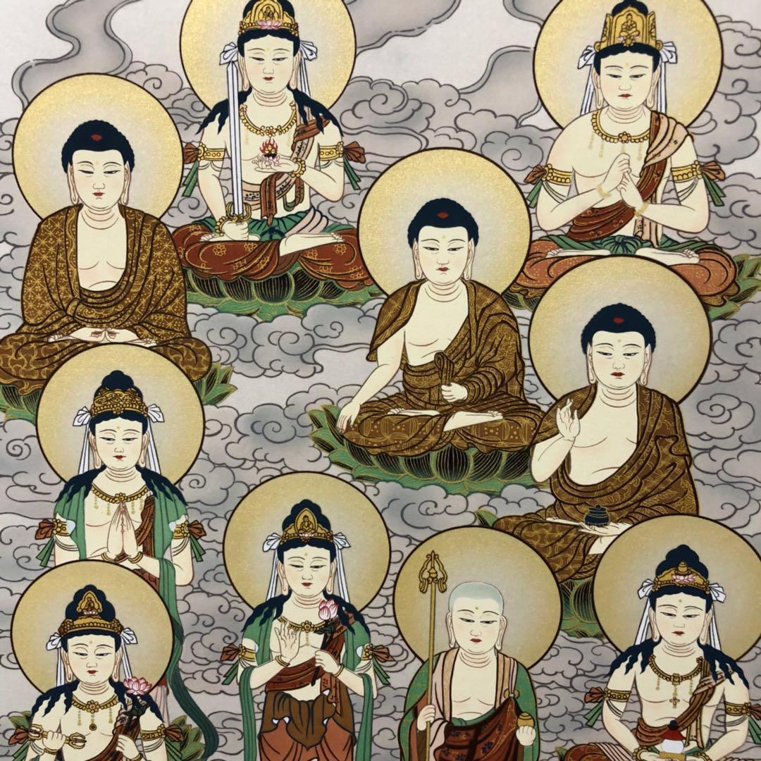 【未使用品】掛軸 無落款『十三佛』日本画 仏画 絹本 箱付 掛け軸 L01412