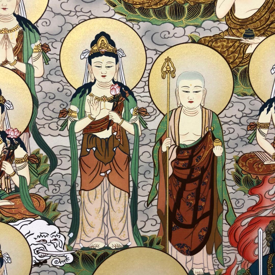 【未使用品】掛軸 無落款『十三佛』日本画 仏画 絹本 箱付 掛け軸 L01412