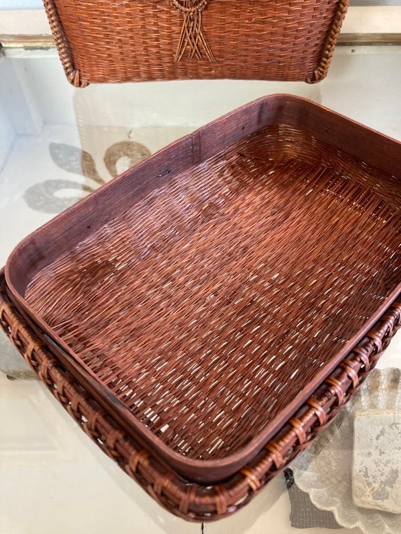 【竹細工 裁縫籠】蓋付バスケット｜昭和手仕事｜天神町ギャラリー購入｜飴色の艶