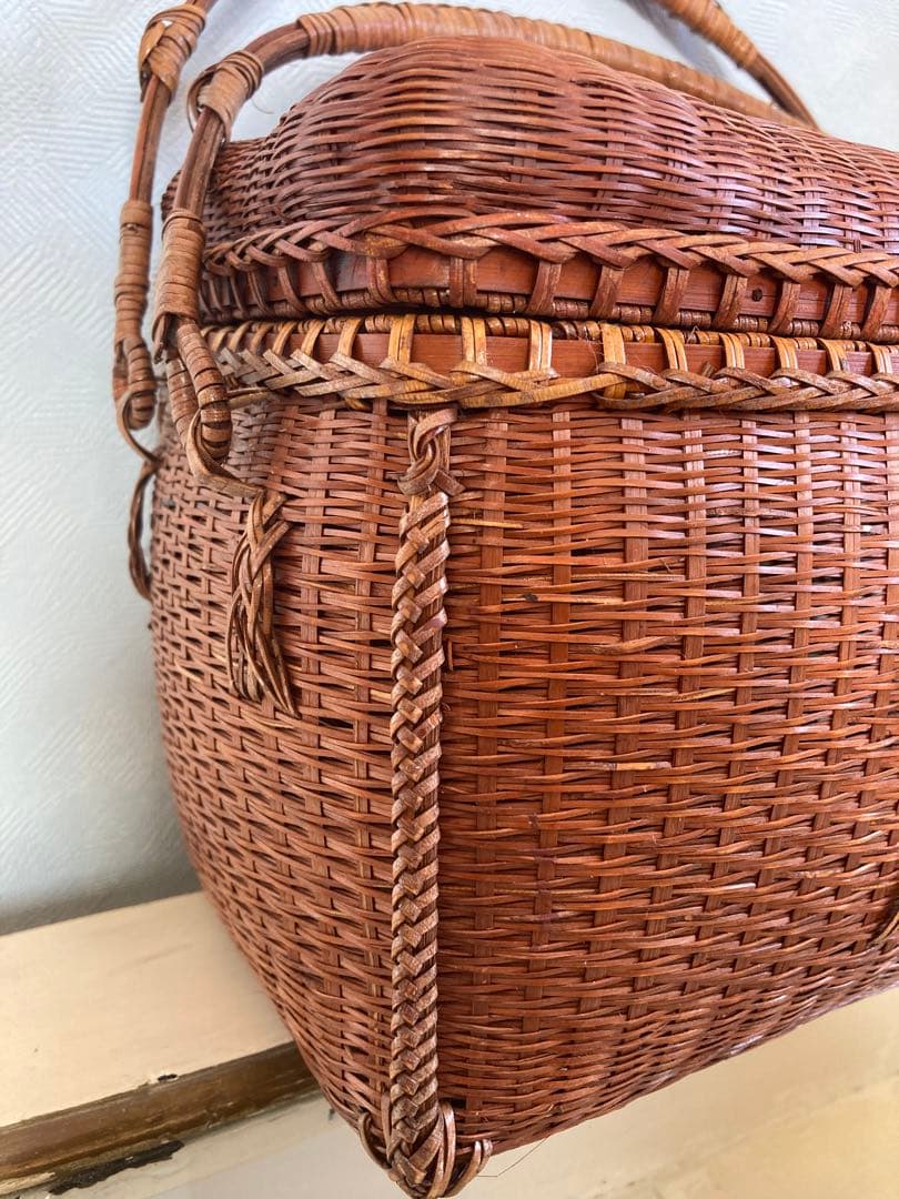 【竹細工 裁縫籠】蓋付バスケット｜昭和手仕事｜天神町ギャラリー購入｜飴色の艶