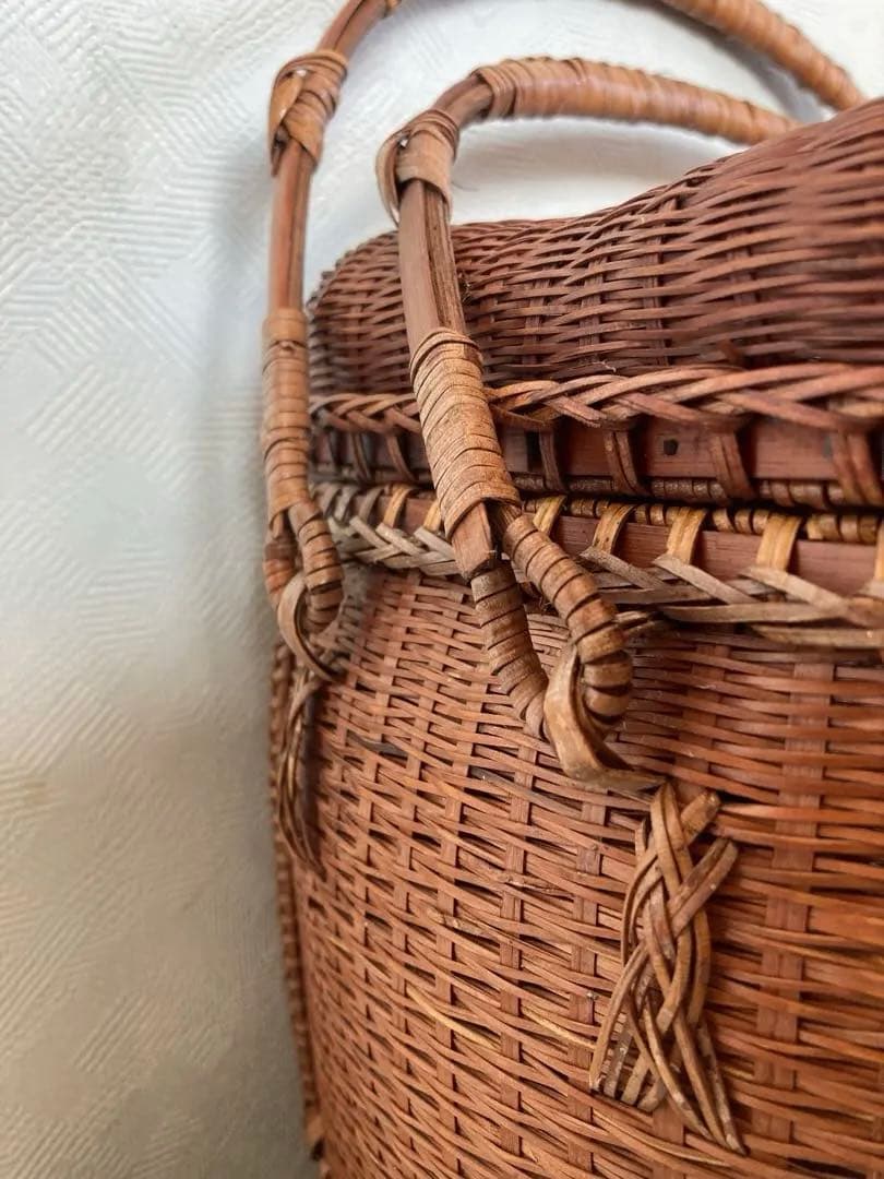 【竹細工 裁縫籠】蓋付バスケット｜昭和手仕事｜天神町ギャラリー購入｜飴色の艶