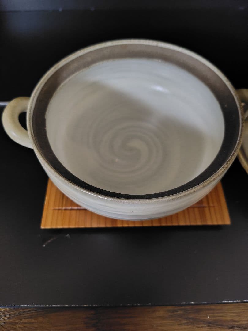 【新品未使用】萩焼グラタン・スープ・蓋持ち手付き平型・木製敷板付き　3個セット