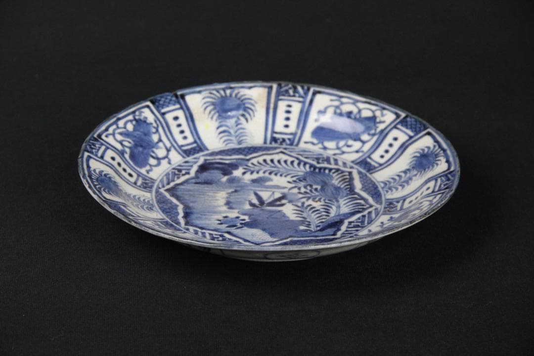 古伊万里 染付 割付松樹鳥文 皿 長春冨貴銘 江戸後期 FJ11-8