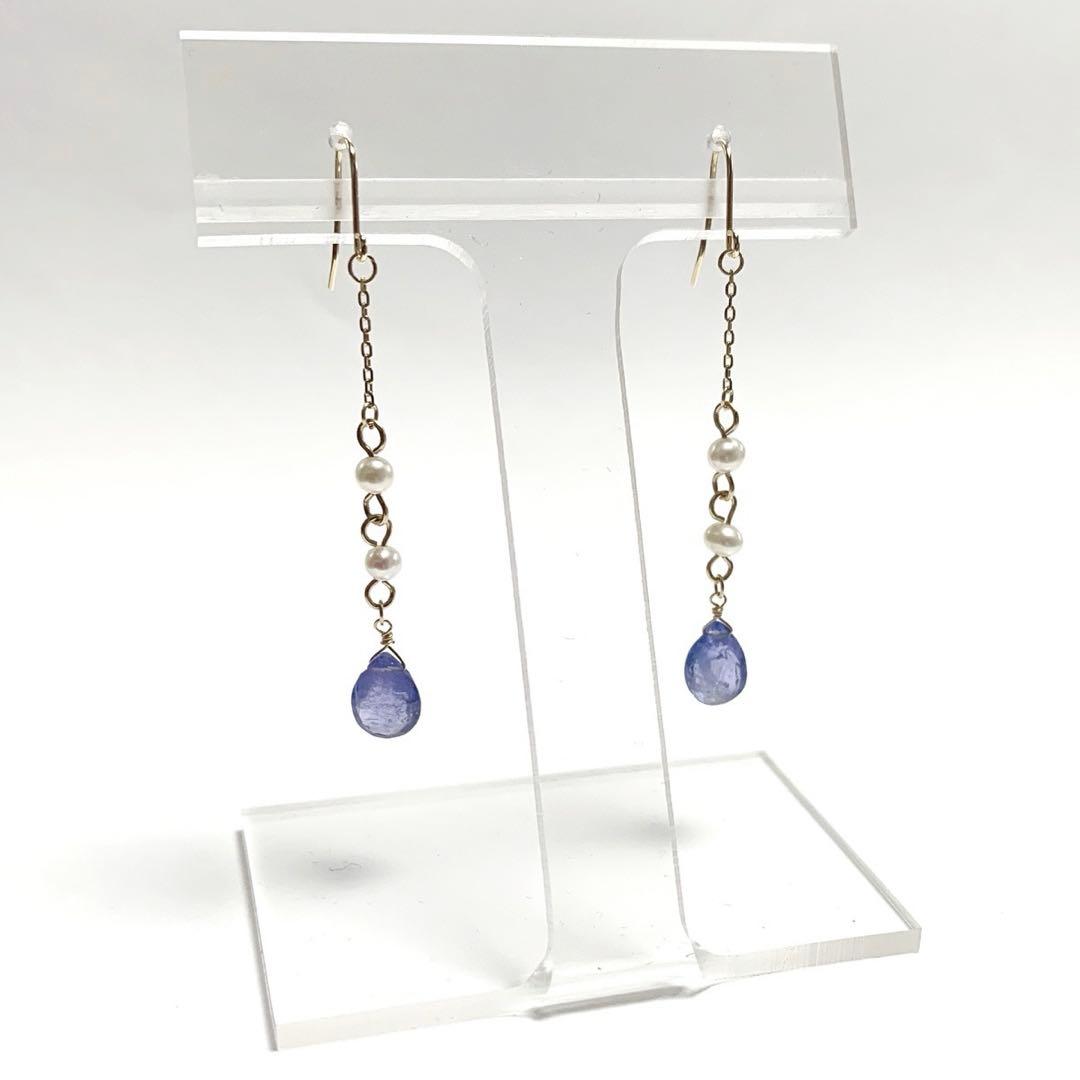 【Rtav】特価 K18 タンザナイト・淡水真珠 ロングチェーンフックピアス