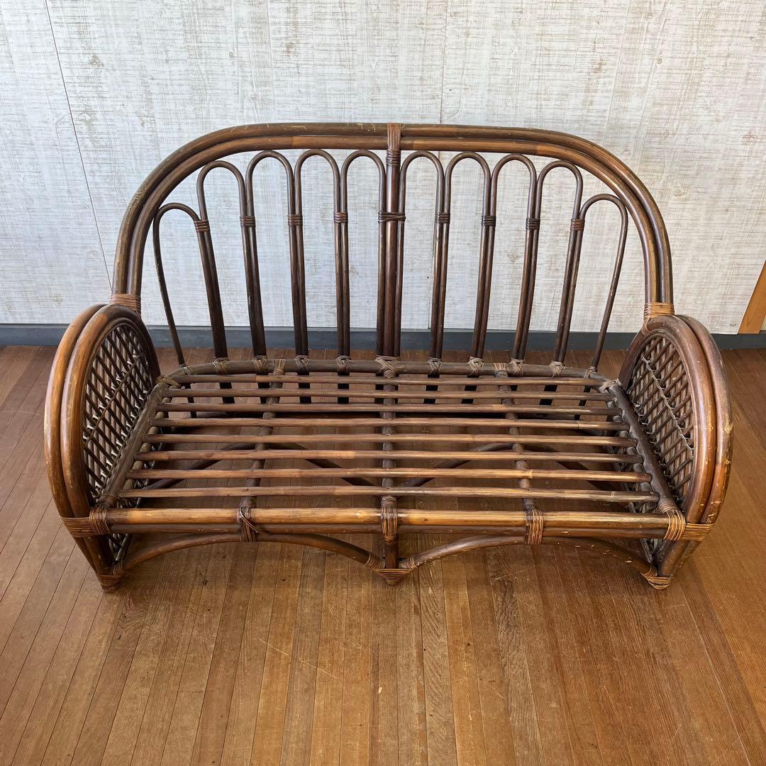 【アンティーク】籐家具 ラタンソファ 2人掛け ラブチェア エスニック 古家具