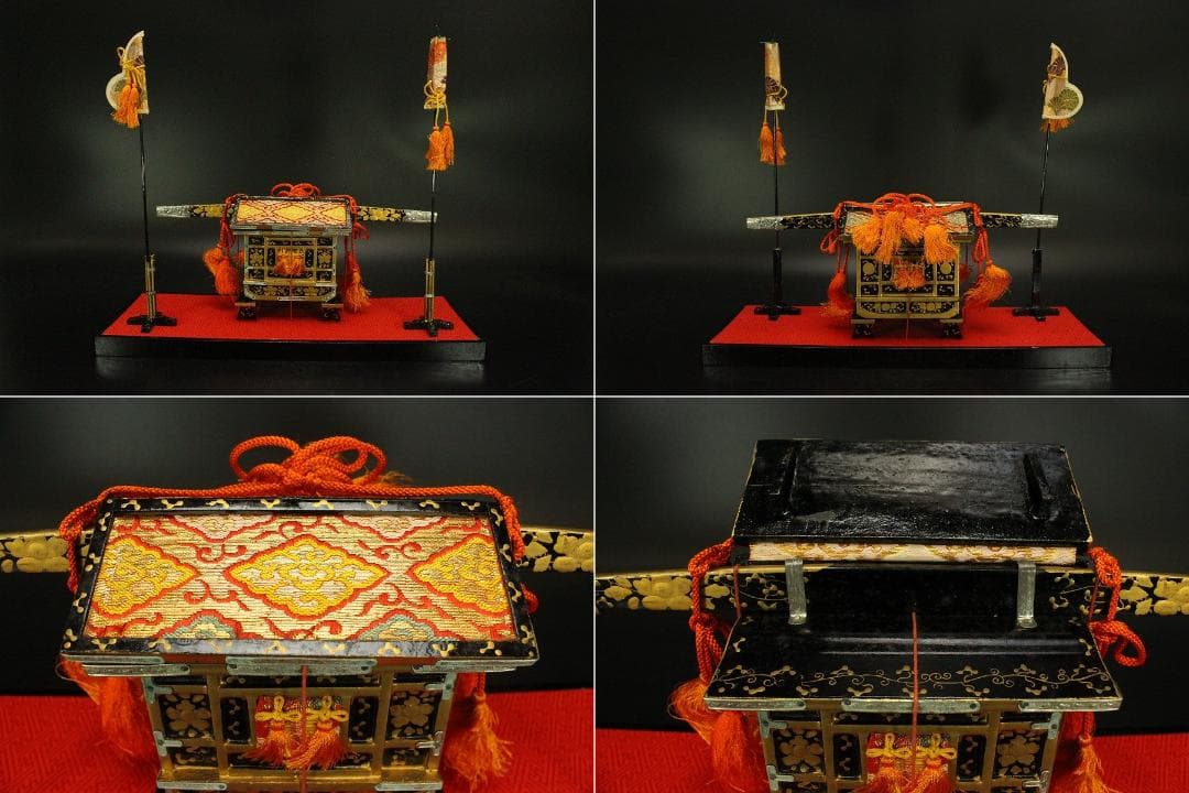 古い ミニチュア 雛道具 木製 蒔絵 牛車 駕籠 セット(ZE360)