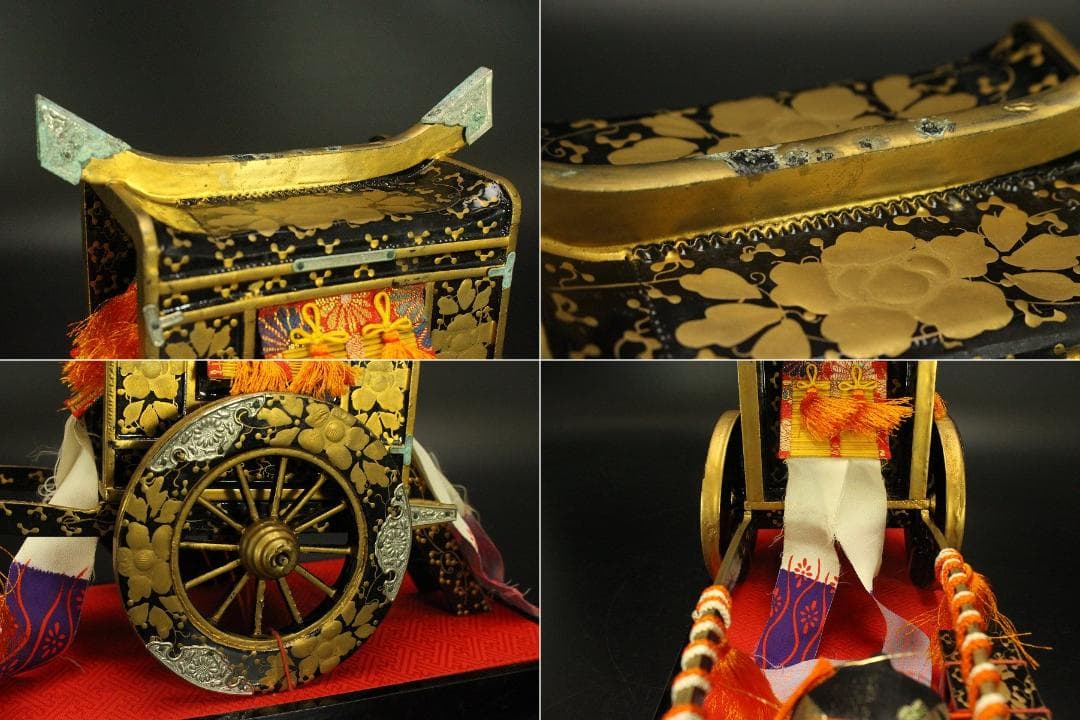 古い ミニチュア 雛道具 木製 蒔絵 牛車 駕籠 セット(ZE360)