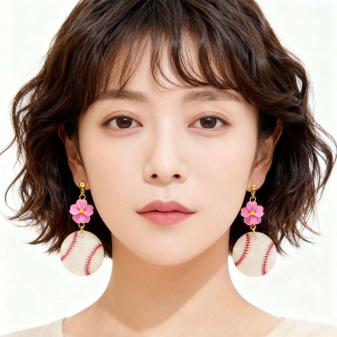春限定⚾️数量限定⚾️ピンクの桜フラワーと大ぶり シェル調野球ボールのピアス⚾️